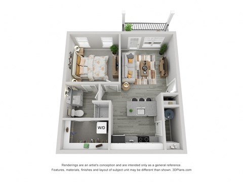 Floor plan for 1 bed, 1 bath, 594 sqft